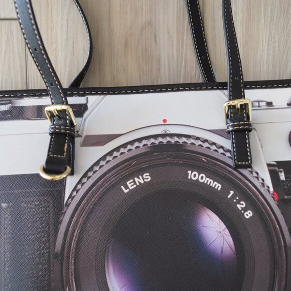 Elevated Indie Camera Lens Print Tote Bag with Zipper top, pockets metal feet - Picture 4 of 11